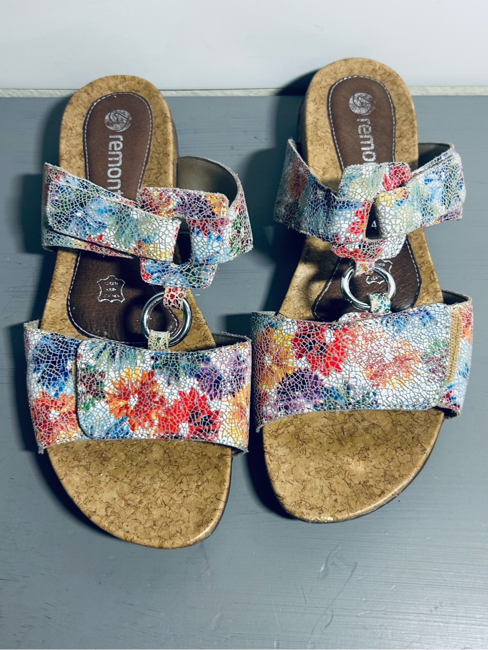 Remonte Floral Multi-Color Cork Slide Sandals with Metallic Ring